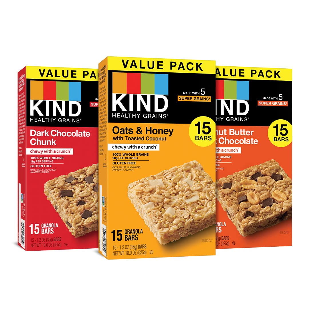 KIND Healthy Grains Bars, Variety Pack, Dark Chocolate Chunk, Oats & Honey, Peanut Butter Snacks, Gluten Free, 45 Count~$13.21 @ Amazon~Free Prime Shipping!