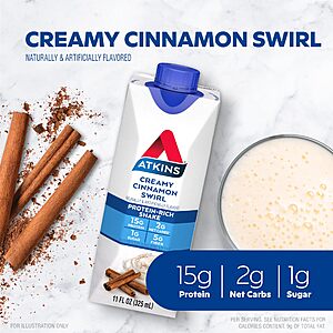 Atkins Creamy Cinnamon Swirl Protein Shake, 15g Protein, Low Glycemic, 2g Net Carb, 1g Sugar, Keto Friendly, 12 Count~$  13.61 @ Amazon~Free Prime Shipping!
