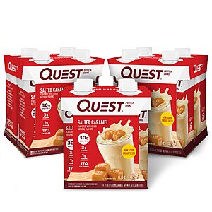 Quest Nutrition Ready to Drink Salted Caramel Protein Shake, 30g Protein, 3g Net Carbs, Gluten Free, Keto Friendly, 11 fl.oz 4 Count(Pack of 3)~$  12.73 @ Amazon~Free Prime Shipping!