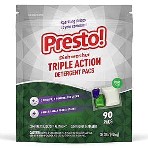 90-Count Presto! Triple Action Dishwasher Detergent Pacs (Fresh or Lemon Scent) $9.85 w/ Subscribe & Save