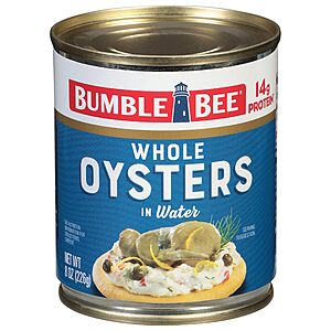 Bumble Bee Premium Select Whole Canned Oysters, 8 oz Can - Ready to Eat - 14g Protein per Serving - Gluten Free~$2.74 With S&S @ Amazon