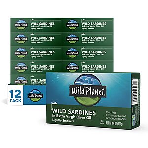 Wild Planet Wild Sardines in Extra Virgin Olive Oil, Lightly Smoked, Tinned Fish, Sustainably Wild-Caught 4.4. Ounce (Pack of 12)~$26.90 After Coupon & S&S @ Amazon