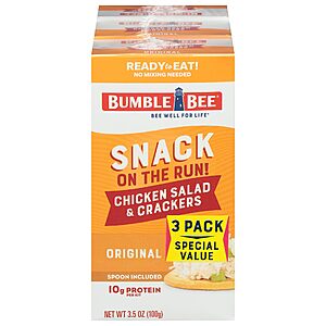 Bumble Bee Snack On The Run! Protein Snack Pack - Original Chicken Salad with Crackers - 10g Protein per Box - Chicken Salad (Pack of 3)~$2.67 After Coupon & S&S @ Amazon