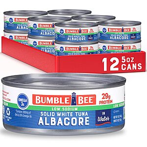 Bumble Bee Low Sodium Solid White Albacore Tuna in Water, 5 oz Can (Pack of 12) - Wild Caught Tuna - 29g Protein per Serving~$13.23 After Coupon & S&S @ Amazon