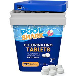 Pool Shark Swimming Pool Chlorine Tablets - 3-Inch Chlorine Tablets - Slow-Dissolving 90% Active Chlorine Tabs (25 lbs)~$82.33 @ Amazon