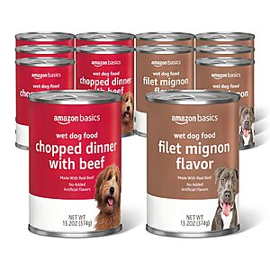 Amazon Basics Chopped Ground Dinner Wet Dog Food Variety Pack, Filet Mignon Flavor and with Beef 13.2oz Cans (Pack of 12)~$12.91 @ Amazon~Buy 4 & Save More!