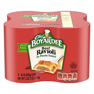Chef Boyardee Beef Ravioli, 15 oz, 4 Pack~$3.80 With S&S @ Amazon