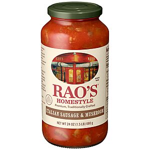 Rao's Homemade Sausage and Mushroom Sauce, 24 oz, Tomato Sauce, All Purpose, Keto Friendly Pasta Sauce, Premium Quality Tomatoes from Italy~$5.65 After Coupon & S&S @ Amazon