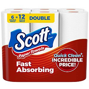 Scott Paper Towels, Choose-A-Sheet, 6 Double Rolls, 108 Sheets Per Roll~$6.50 With S&S @ Amazon