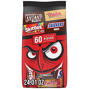 M&M'S Milk Chocolate, SNICKERS, SKITTLES Original & TWIX Fun Size and Minis Trick or Treat Halloween Candy Variety Pack, 60 Ct Bulk Bag~$9.94 @ Amazon