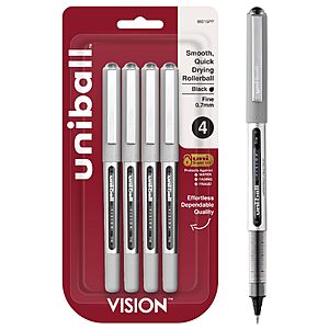 uni-ball Vision Stick Roller Ball Pens, Fine Point, Black Ink, Pack of 4~$6.60 With S&S @ Amazon