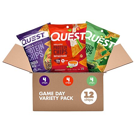Quest Nutrition Game Day Tortilla Style Protein Chips Variety Pack, Buffalo Ranch x4, Salsa Verde x4, Loaded Taco x4, 12 Count~$18.52 With S&S @ Amazon