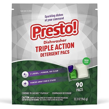 Amazon Brand - Presto! Triple Action Dishwasher Pacs, Fresh Or Lemon Scent, 90 Count~$9.86 With S&S @ Amazon
