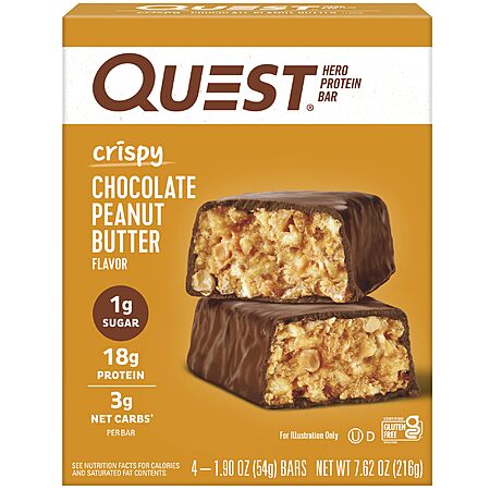 Quest Nutrition Crispy Chocolate Peanut Butter Hero Protein Bar, 18g Protein, 1g Sugar, 3g Net Carb, Gluten Free Protein Snack, Keto Friendly, 4 Count~$6.21 @ Amazon