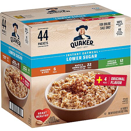 Quaker Instant Oatmeal Lower Sugar, 4 Flavor Variety Pack 44 Count (Pack of 1)~$11.66 With S&S @ Amazon