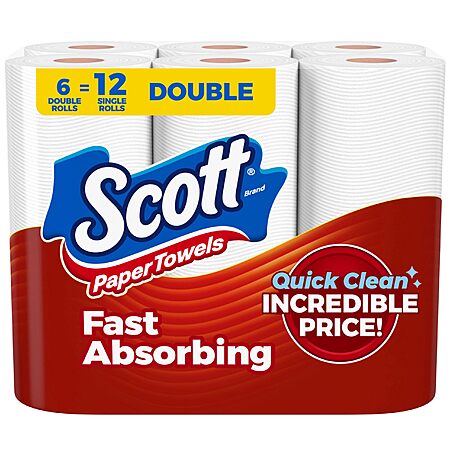 Scott Paper Towels, Choose-A-Sheet, 6 Double Rolls = 12 Regular Rolls (108 Sheets Per Roll)~$6.50 With S&S @ Amazon