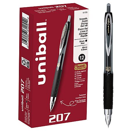 uniball 207 Retractable Gel Pens, Micro Point (0.5mm), Black, 12 Pack~$7.98 With S&S @ Amazon