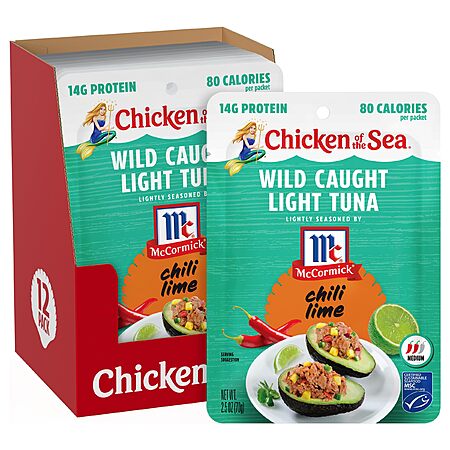 Chicken of the Sea Lightly Seasoned Chili Lime Wild Caught Light Tuna, 2.5 Ounce Packets, 12-Count – McCormick Flavored High Protein Tuna in Water~$10.83 With S&S @ Amazon