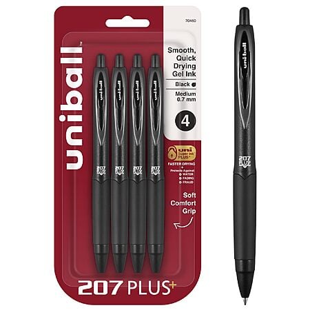 uniball 207 Plus+ Retractable Gel Pens, Medium Point, 0.7mm, Black Ink, 4/Pack (70460)~$4.48 @ Amazon