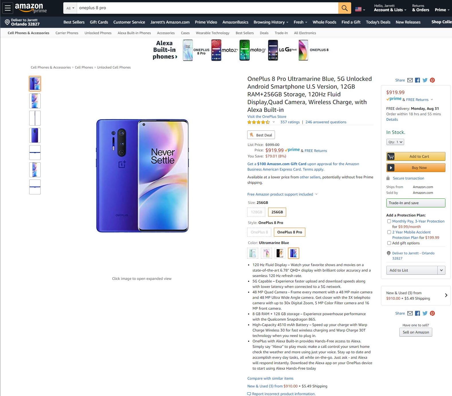 OnePlus 8 Pro 256 GB Onyx Black or Ultramarine Blue $80 off on Amazon - $919.99