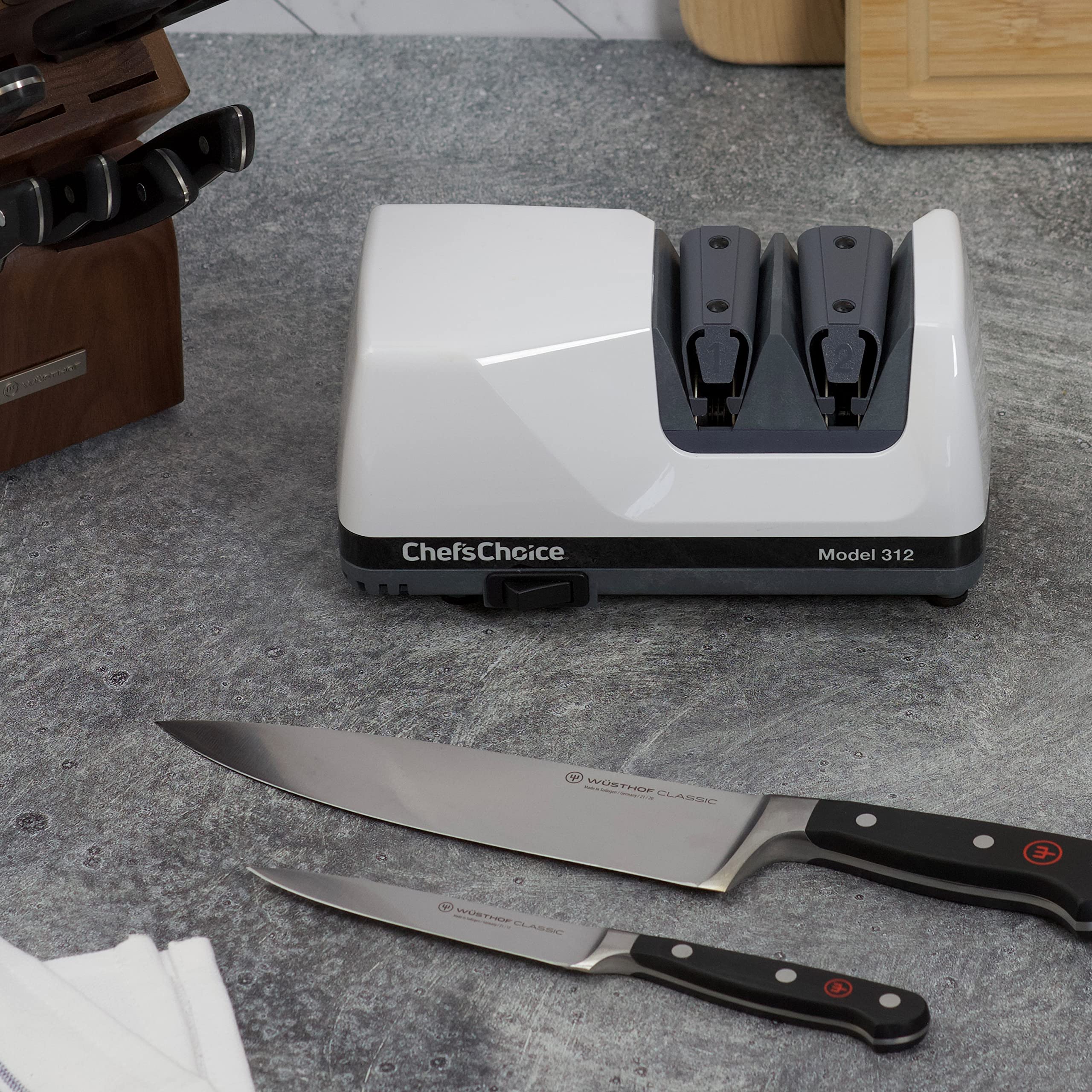 Chef'sChoice 312 UltraHone Professional Electric Knife Sharpener for 20-Degree Straight-Edge and Serrated Knives, 2 Stage, White $43