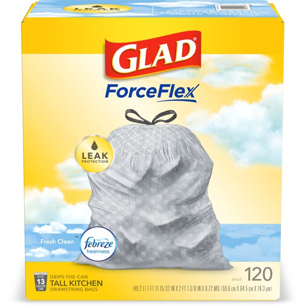 Glad ForceFlex Tall Kitchen Trash Bags, 13 Gallon, 120 Bags $19.98