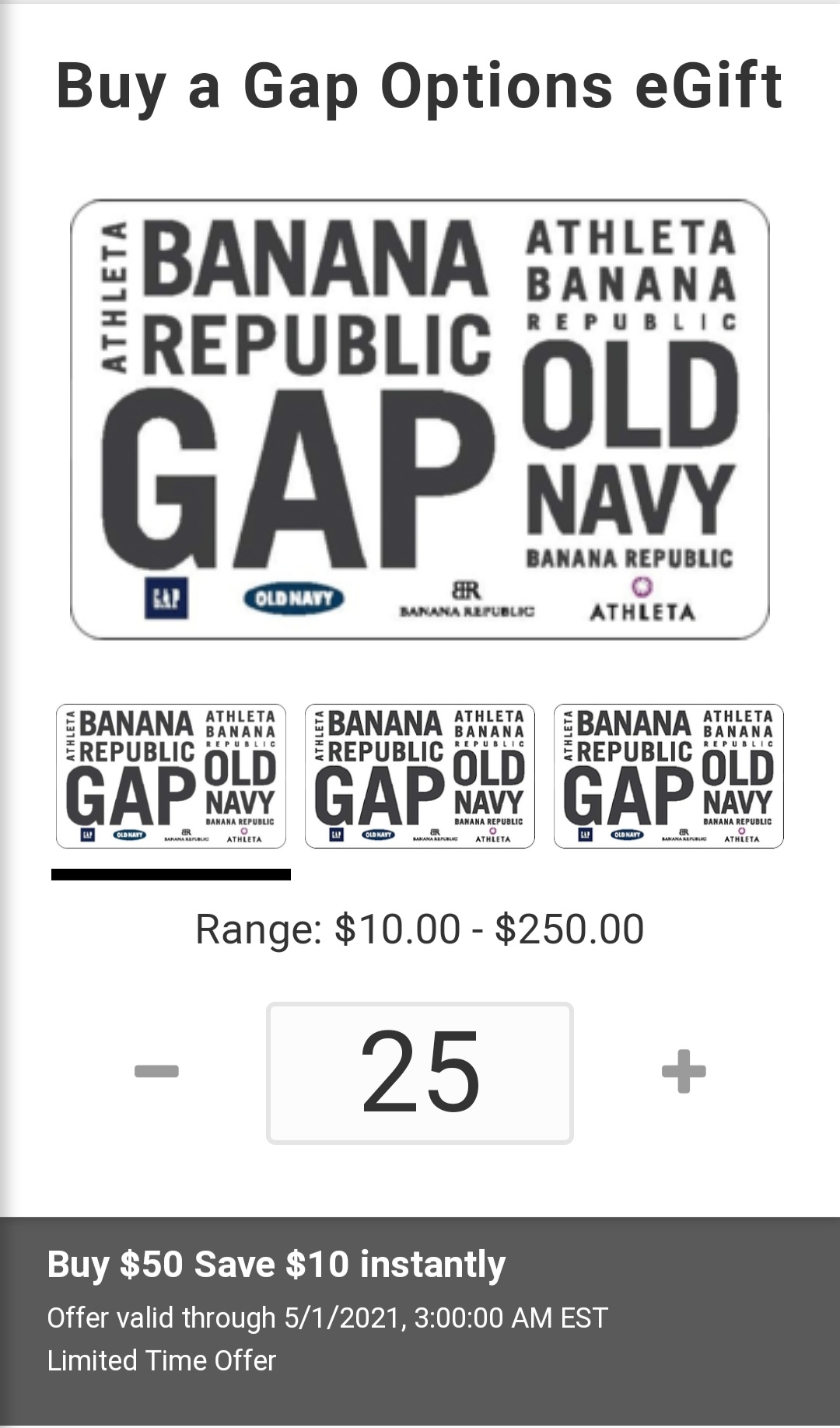 Gap Egift Card at Samsung Pay $40 for a $50 Gift Card