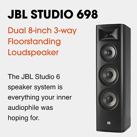JBL Studio 698 towers, true 3-way with Compression Driver tweeter, 6" midrange woofer & dual 8” Woofers $749 each at IQ Home Entertainment via Amazon