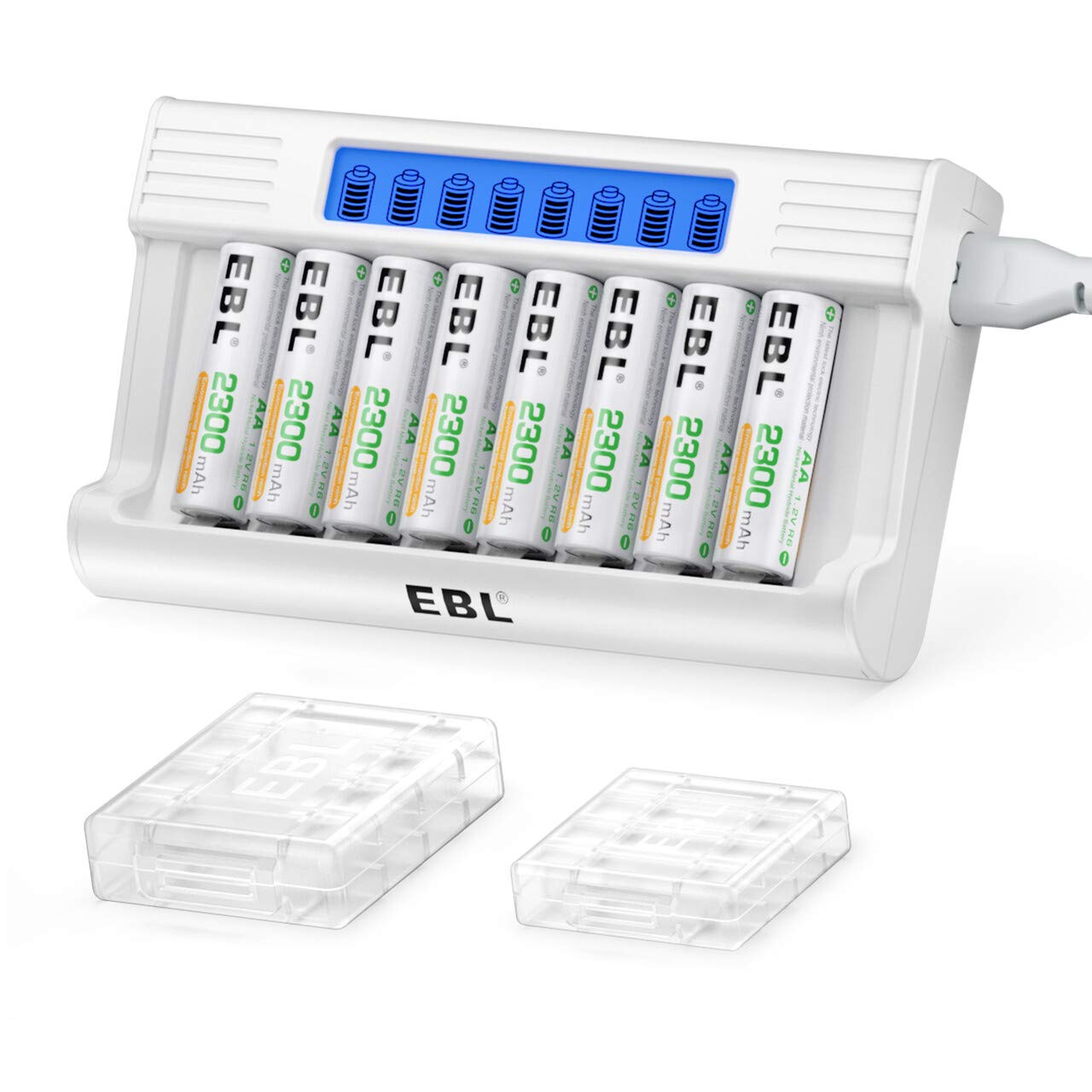 EBL 8 Bay AA AAA Rechargeable Battery Charger - Independent LCD Battery Charger with 2300mAh NiMH Rechargeable AA Batteries (8 Pack) - $16.50