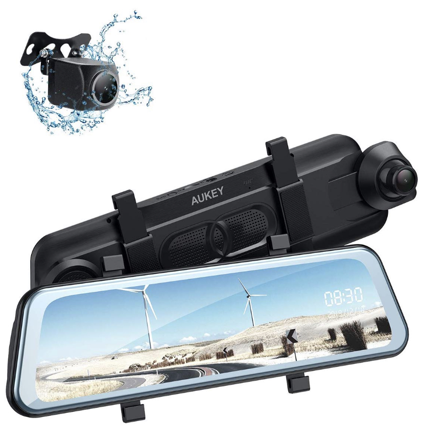AUKEY Backup Camera 9.66" IPS Touchscreen FHD 1080p Dual Mirror Dash Cam Water-Resistant Rear Camera with Reversing Assistant for $95 after $15 coupon on amazon