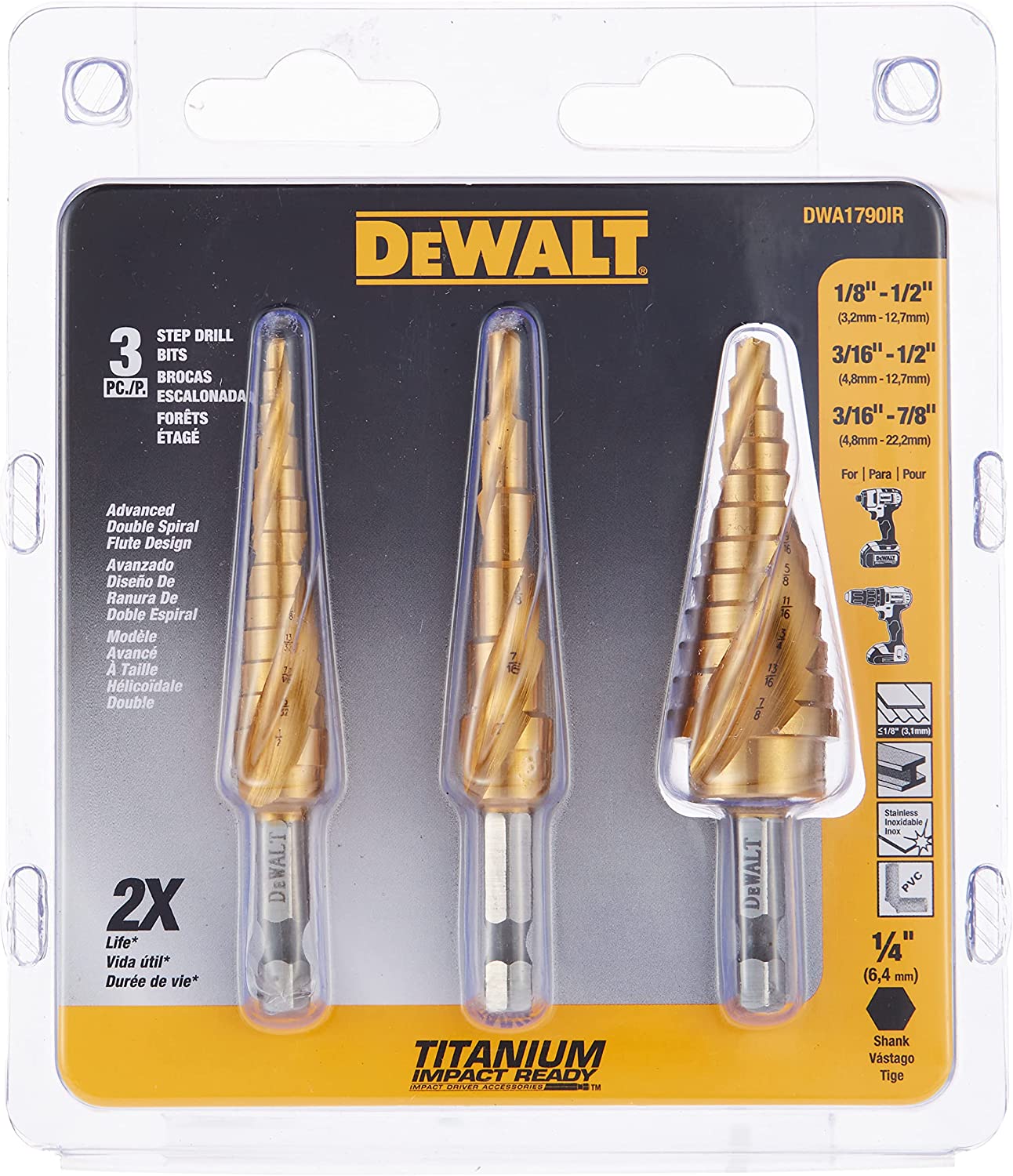 DEWALT Drill Bit Set, 3 Piece, Titanium Nitride Coated, Longer Life and Better Chip Removal (DWA1790IR) - $60