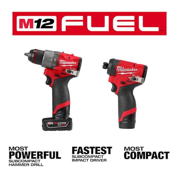 Milwaukee M12 FUEL Drill & Impact combo kit, C.P 2.0 & X.C 4.0 battery, charger, contractor bag, 45 piece bit set, *** & FREE X.C. High Output 5.0 battery. *** - $229.99