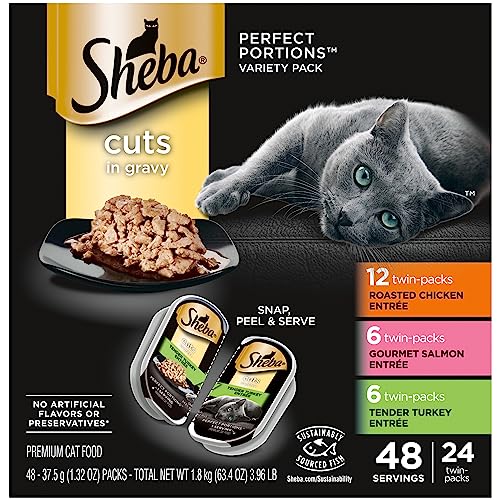 SHEBA PERFECT PORTIONS Cuts in Gravy Adult Wet Cat Food Trays (24 Count (pack of 2), 48 Servings), Roasted Chicken, Gourmet Salmon and Tender Turkey Entrée, Easy Peel Twi - $11.51