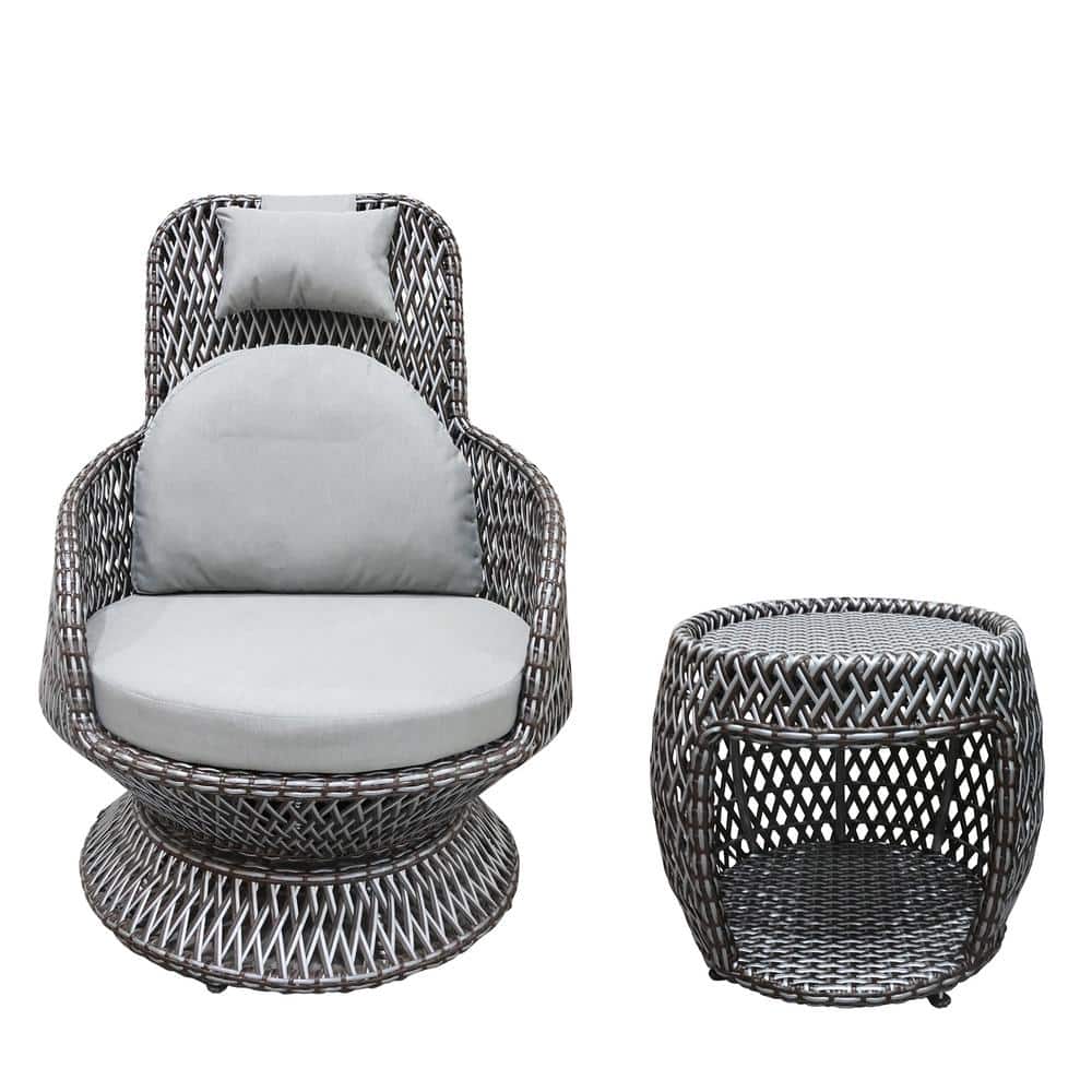 Double-Stranded Hand-Woven Wicker Outdoor Lounge Chair Glass Top Table Gray Cushions $232 + Free Shipping