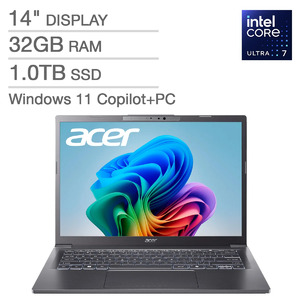 Acer Aspire 14" AI Copilot+ PC Touchscreen Laptop - Intel Core Ultra 7 processor 258V - WUXGA (1920 x 1200) Touchscreen - 32GB RAM - 1TB SSD - Windows 11 Home - Steel Gray $699.99