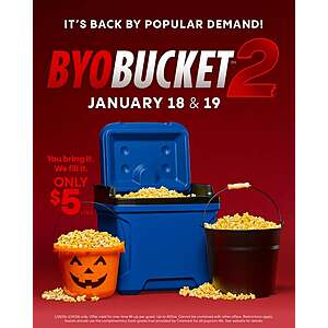 CINEMARK Movie Theaters, Jan 18-19th, Bring any bucket, any size, filled with popcorn at concession stand for $5. (with Movie Ticket)