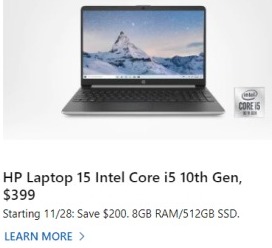 Microsoft Store Black Friday: HP 15-dy1751ms 15.6" Touchscreen Laptop: Intel i5-1035G1, 8GB RAM, 512GB SSD, Intel UHD Graphics, Win 10 Home for $399.00
