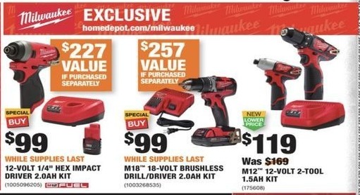 Home Depot Black Friday Milwaukee M12 12 Volt 2 Tool Drill Driver Impact Driver 1 5ah Combo Kit For 119 00