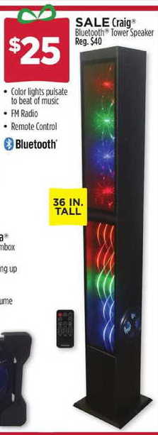 Craig Bluetooth Tower Speaker for $25.00