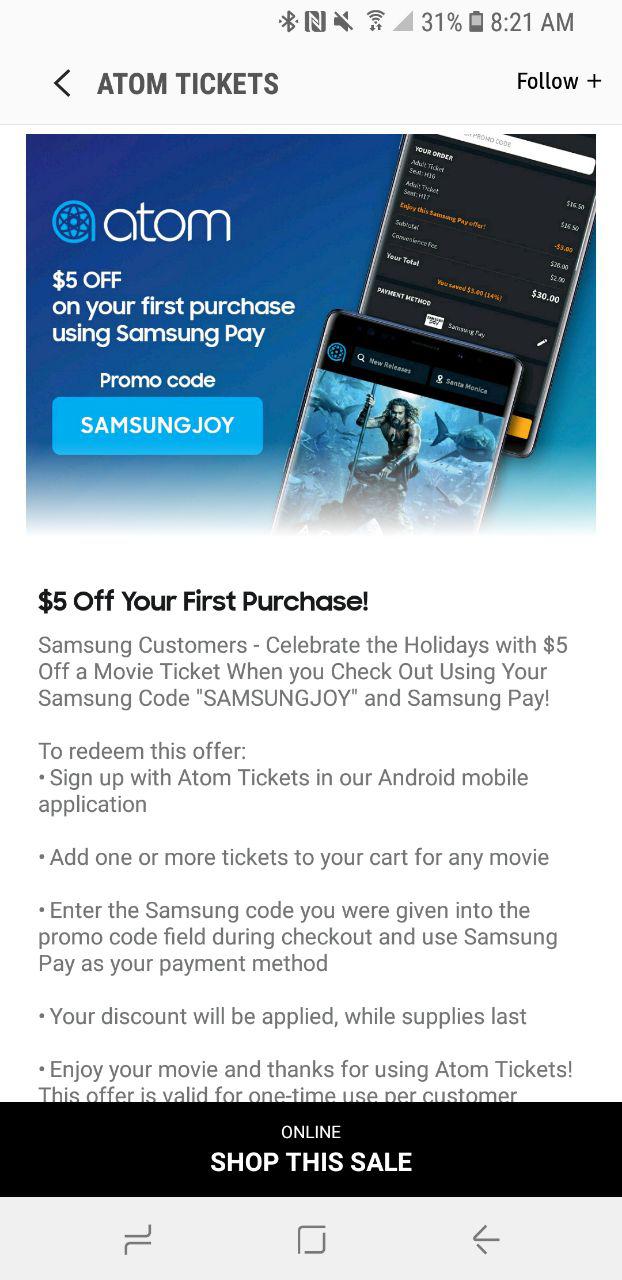 $5 off for first movie tickets using Samsung Code & Samsung Pay