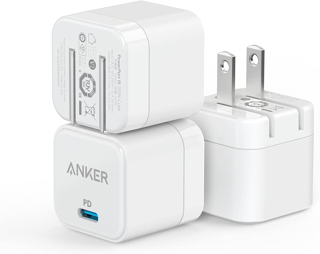 USB C Anker 3-Pack Fast Charger with Foldable Plug, PowerPort III 20W Cube Charger for iPhone 13/13 Mini/13 Pro/13 Pro Max/12, Galaxy, Pixel 4/3, iPad/iPad Mini, and More $19.19