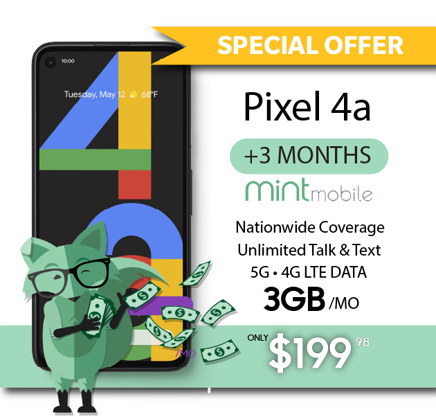 Unlocked Google Pixel 4a Black + 3 Months Free Mint Mobile Bundle for $199.98