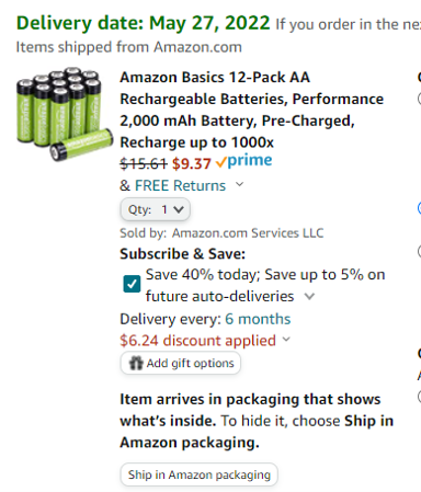 YMMV - Amazon Basics 12-Pack AA Rechargeable Batteries (2000mAh) - $9.37