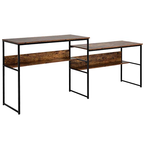 Merax, Brown Computer Desk for Two People, 94" Double Office Workstation with Under Storge Shelves