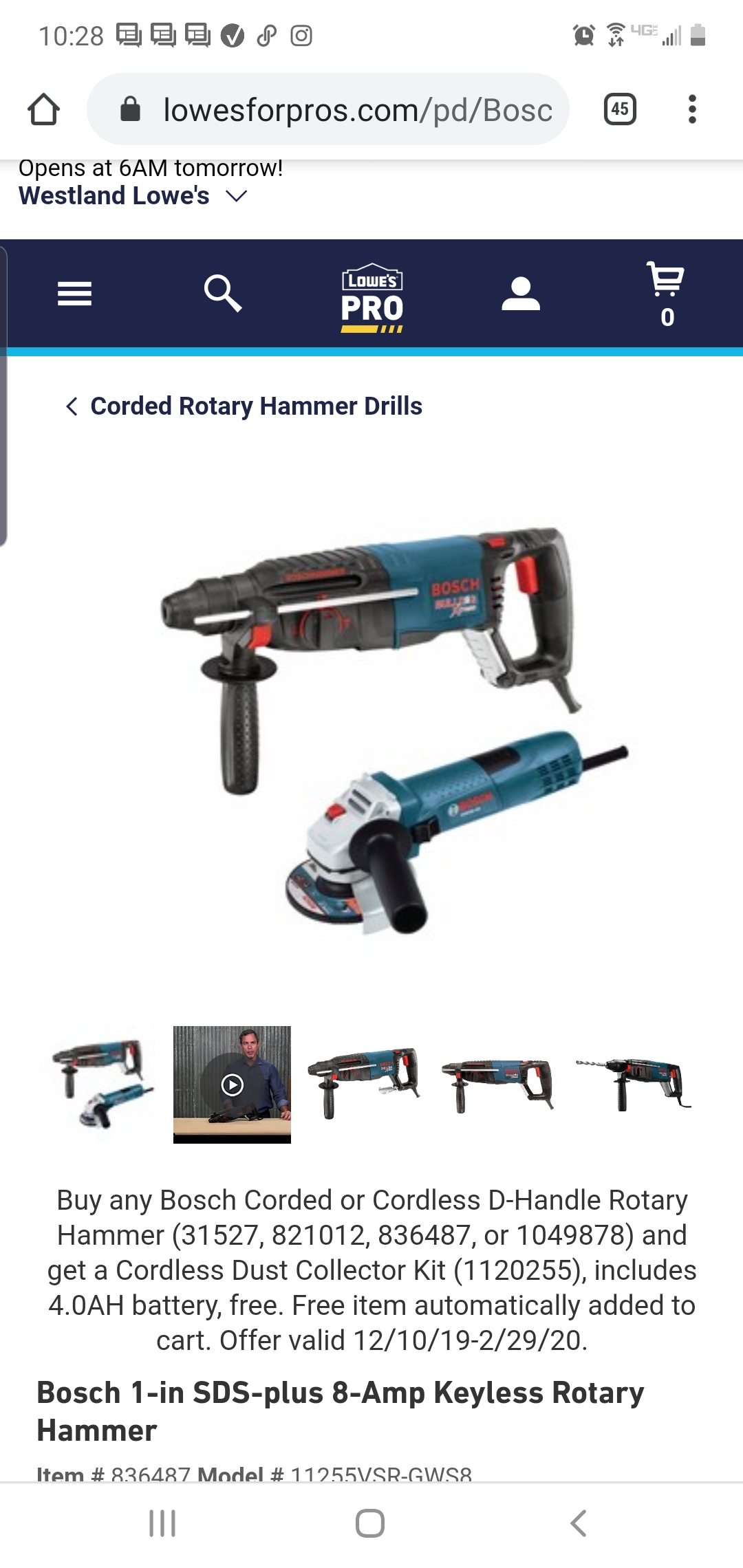 Bosch SDS bulldog xtreme, 4.5" angle grinder AND free dust collector $109