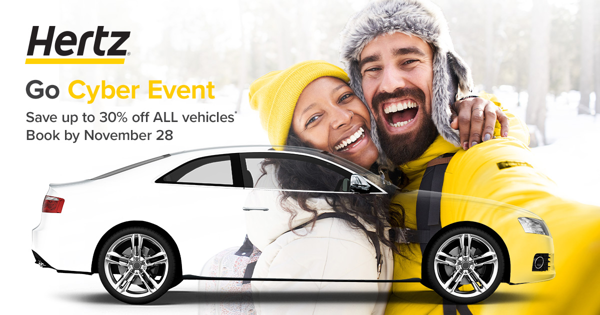 Hertz Car Rental Cyber Event of Up To 30% Off Base Rates on All Vehicles - Book by November 28, 2023