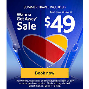 Southwest Airlines Wanna Get Away Sale From $49 One-Way Airfares Summer Dates Included - Book by April 25, 2024 (Travel May 7-Nov 20, 2024)