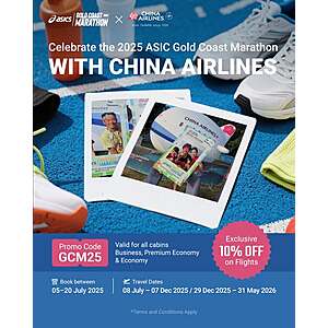 China Airlines 10% Off Flights From Australia with Code (One Way Travel OK) - Book by july 20, 2025