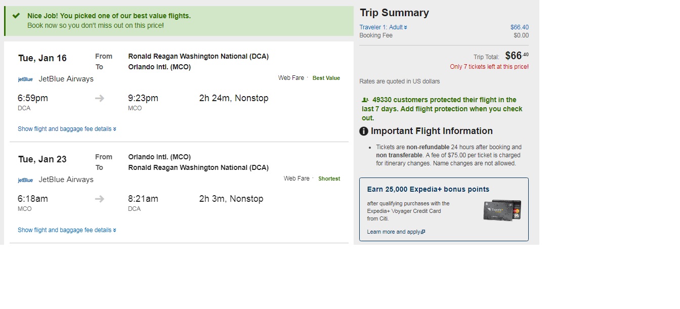 HOT! DCA-MCO or Vice Versa $66 RT Nonstop (travel Jan-Feb)