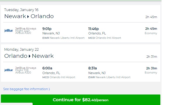 New York / New Jersey to Orlando or Vice Versa $82 RT on JetBlue (travel Jan-Feb 2018) Nonstop